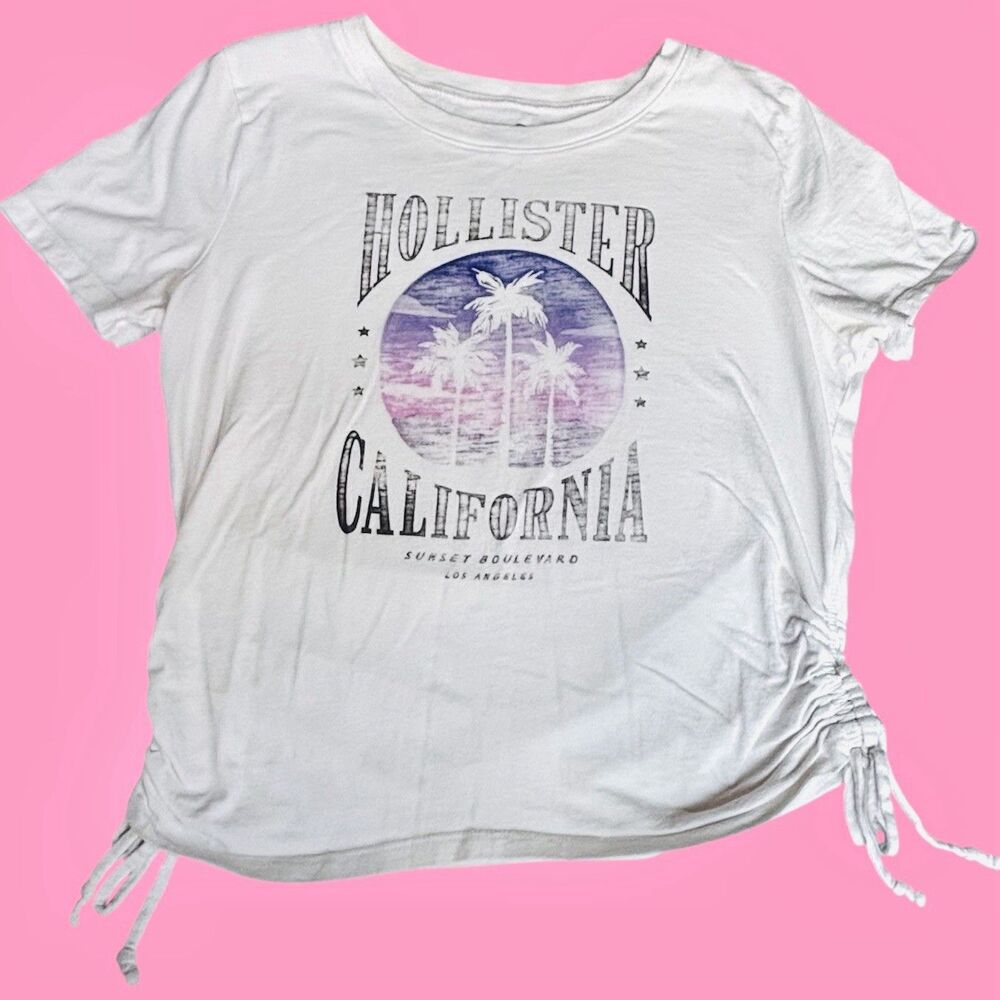 Hollister Cropped Baby Tee White And Palm Trees Womens M Top Ruched Sides w Ties